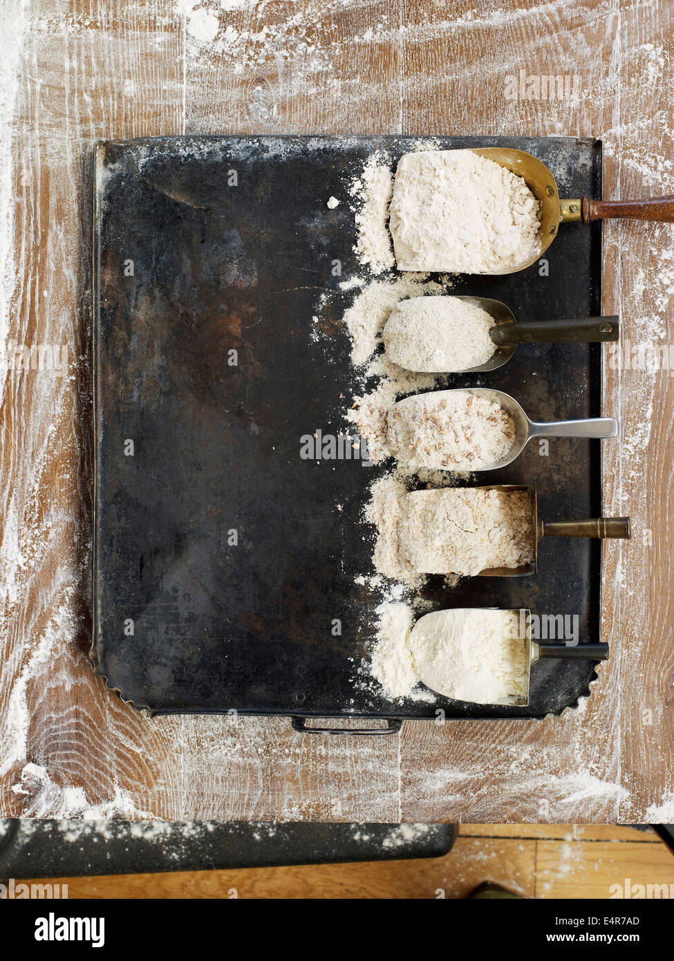 Kugeln mit verschiedenen Arten von Mehl, Dinkel, Roggen, Getreidespeicher, Vollkorn und weißer auf bemehlten Fläche Stockfoto