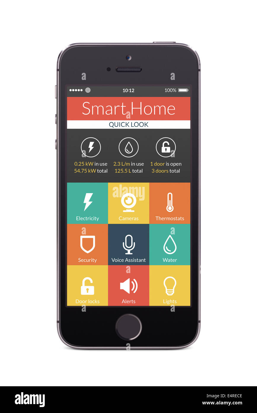 Direkt Frontansicht schwarz smart phone mit flachen Bauweise intelligente Heim-Anwendung auf dem Bildschirm zu isoliert auf weißem Hintergrund. Für Stockfoto