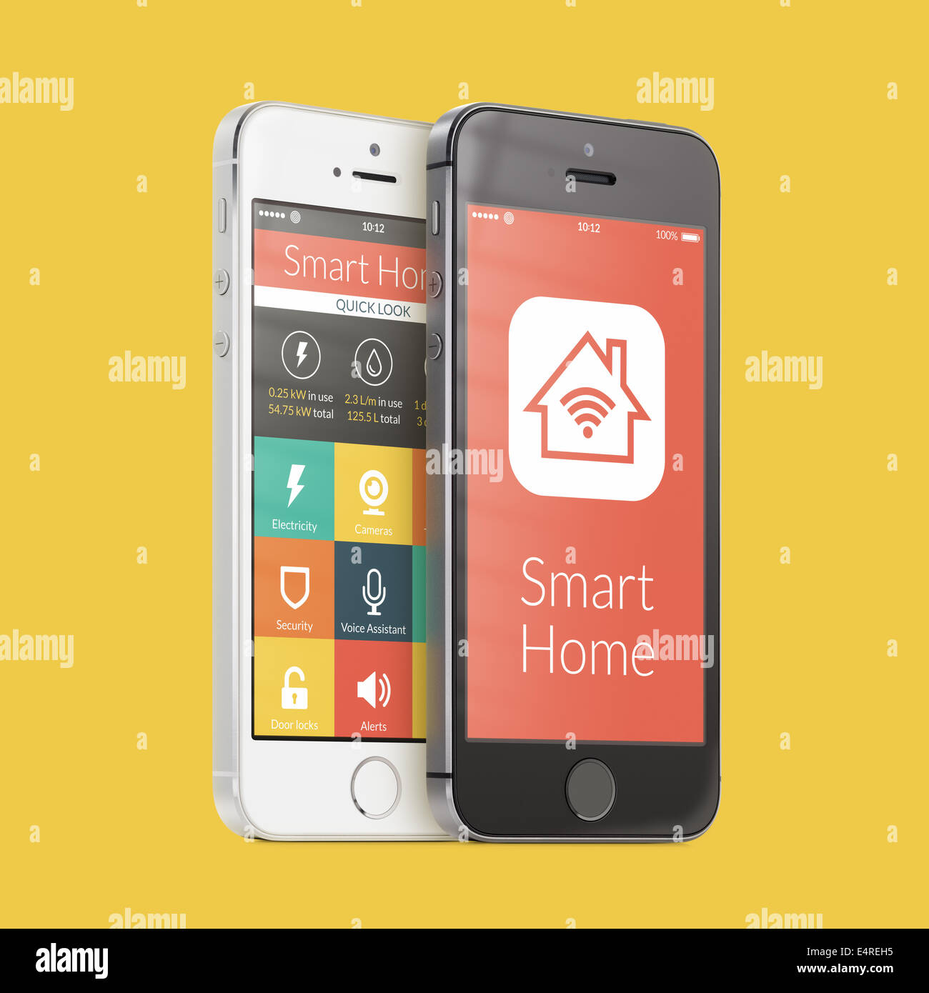 Schwarz / weiß-Smartphones mit intelligenten Heim-Anwendung auf dem Bildschirm auf gelb. Für den Zugriff auf alle Bedienelemente Ihres Hauses Stockfoto