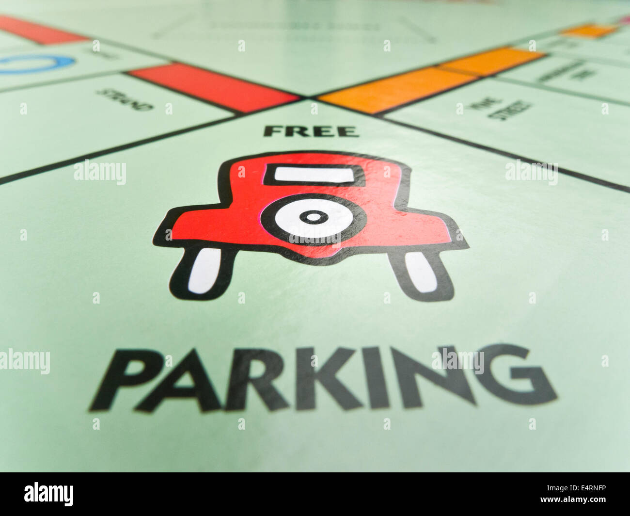 "Kostenlose Parkplätze" Quadrat auf dem Monopoly-Brett. Stockfoto