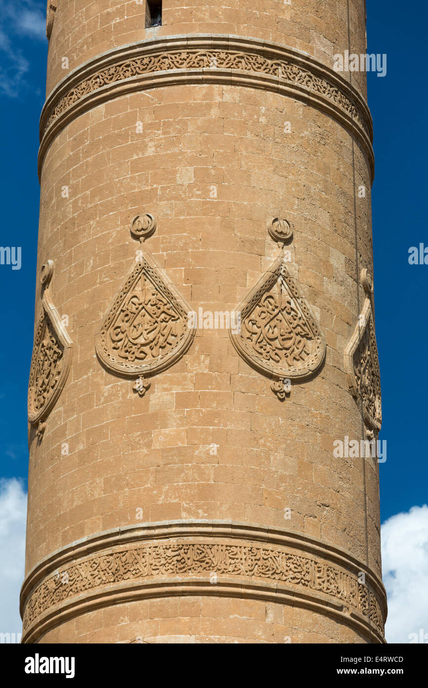 Detail der Minarett der großen Moschee oder Ulu Cami, Mardin, Anatolien, Türkei Stockfoto