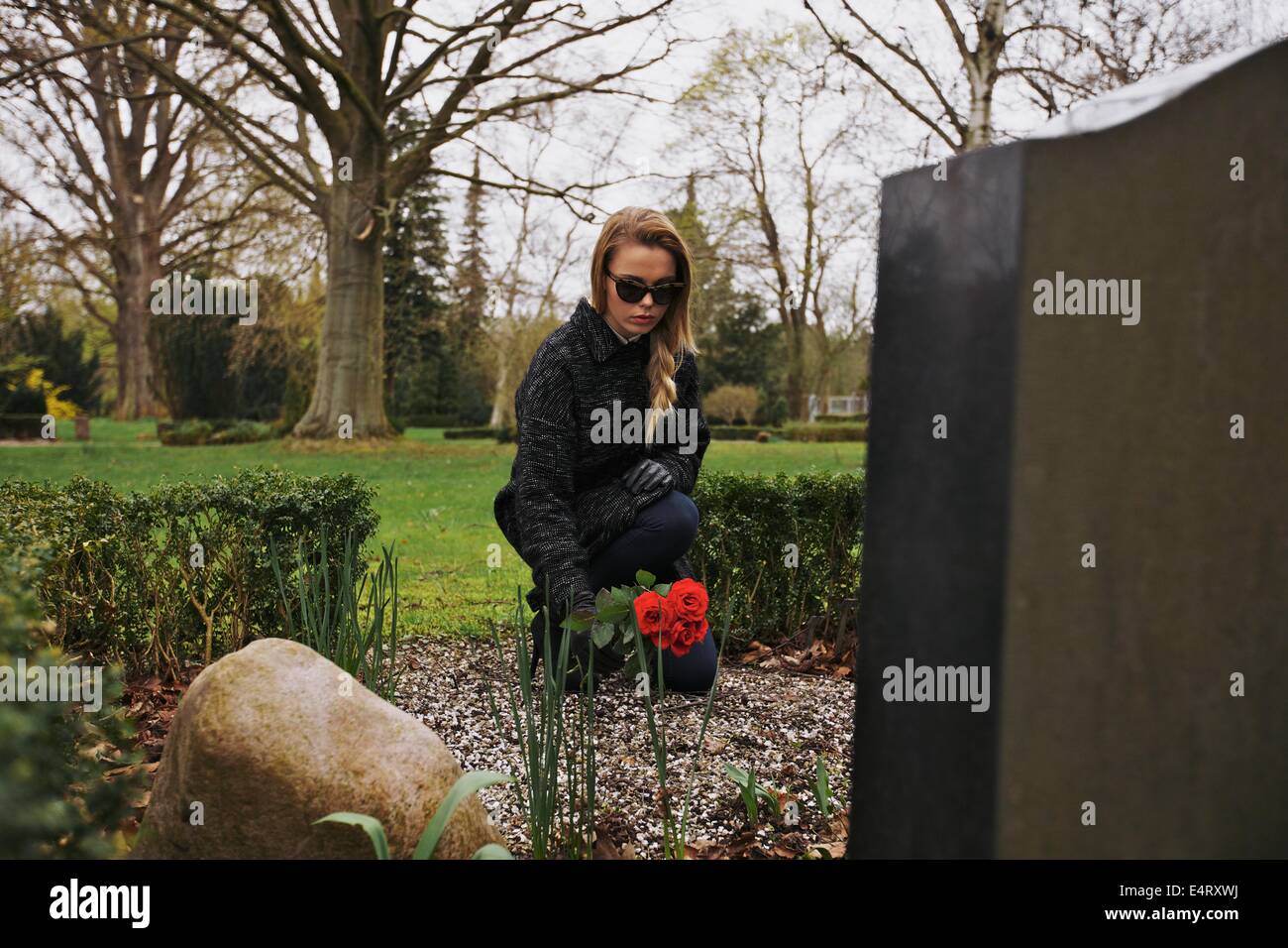 Junge weibliche trauernde am Friedhof. Junge Dame, die Rosen auf dem Grab von ihr Familienmitglied zu platzieren. Stockfoto