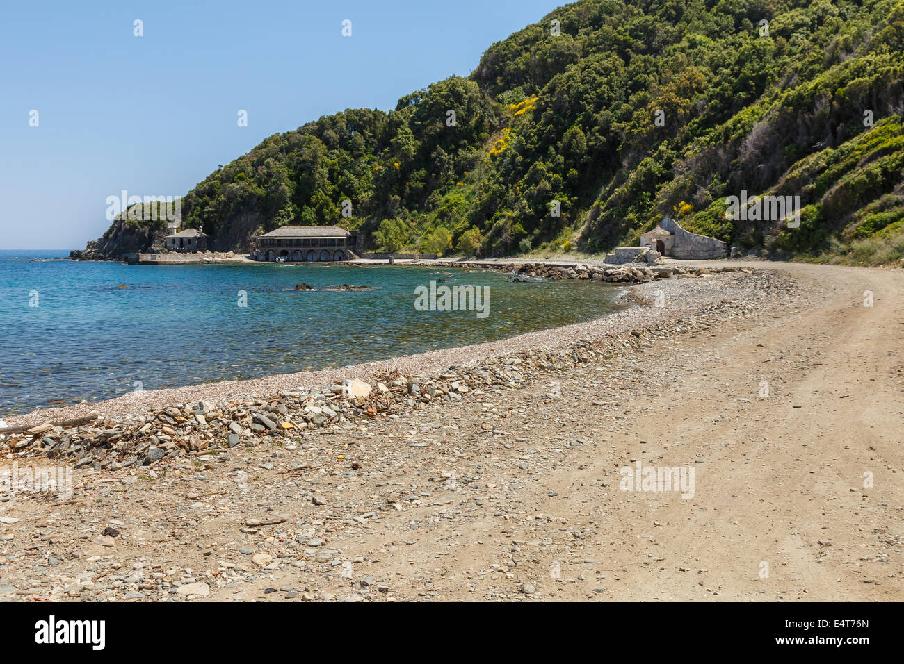 Gebäudedetails unterwegs am Meer am Heiligen Berg Athos Stockfoto