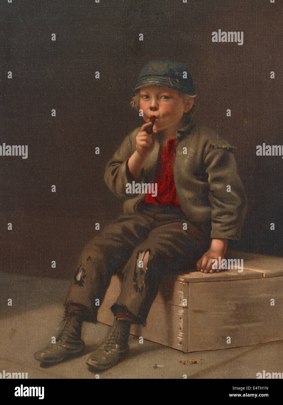 Ein kleiner Junge, zerfetzt tragen Kleidung, inhalieren mit Schwierigkeiten, während er versucht, das Rauchen einer Zigarre, ca. 1873 Stockfoto