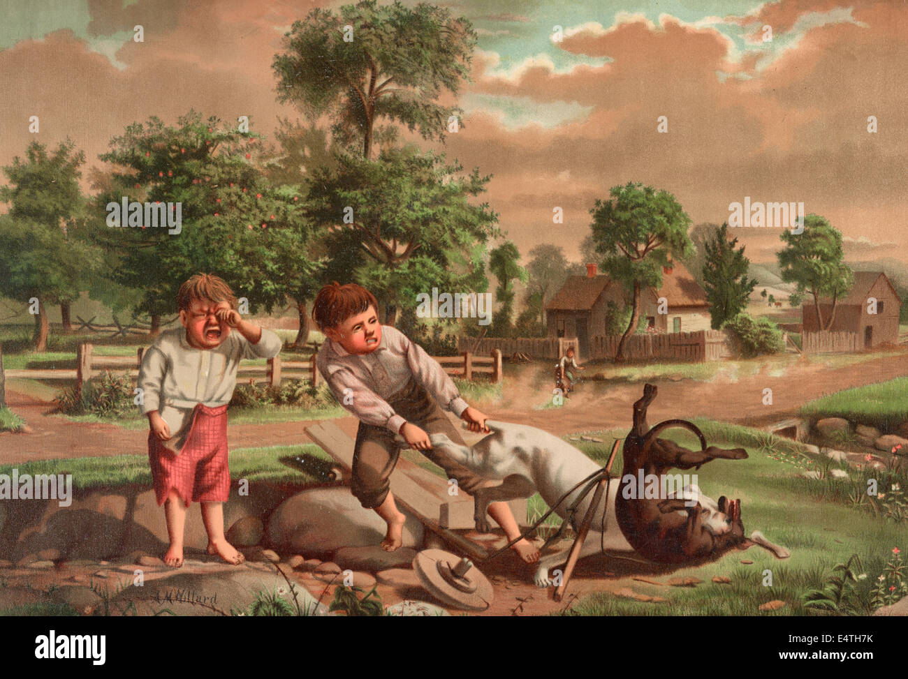 Der Stein des Anstoßes - ein kleiner Junge versucht zwei Hunde zu trennen, die kämpfen, eine zweite junge steht auf der linken Seite, zu weinen. Einer der Hunde kann auf einem kleinen Wagen ca. 1877 genutzt haben Stockfoto