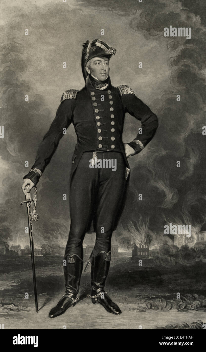 Sir George Cockburn, G.C.B., rear Admiral der roten & eines seiner Majestät Lords der Admiralität - Sir George Cockburn, Porträt, stehend, mit Blick auf leicht nach rechts, mit Schwert in der rechten Hand, mit dem Verbrennen von Washington, D.C. im Hintergrund, 1814 Stockfoto