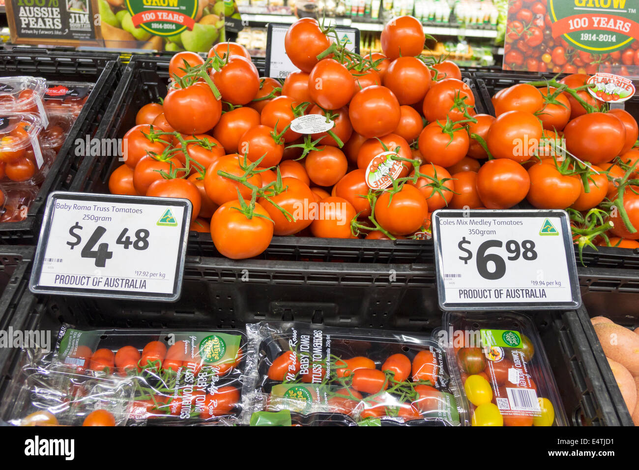Melbourne Australien, Coles Central, Lebensmittelgeschäft, Supermarkt, Lebensmittel, Display-Verkauf produzieren, Tomaten, AU140319165 Stockfoto