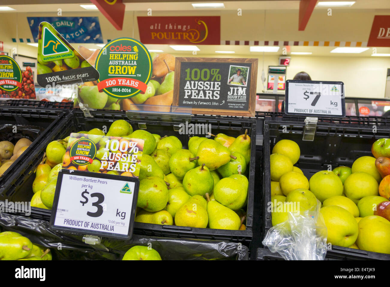 Melbourne Australien, Victoria CBD Central Business, District, Coles Central, Lebensmittelgeschäft, Supermarkt, Lebensmittel, Produktauslage Verkauf, Produkte, Birnen, PR Stockfoto