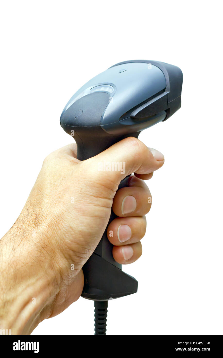 Barcode Scanner in Menschenhand Stockfoto