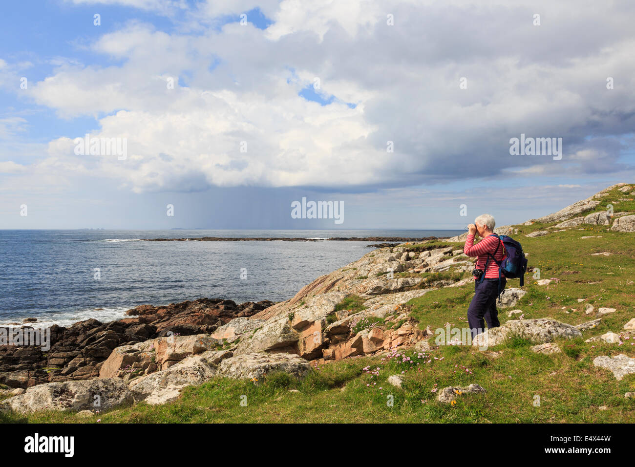 Vogelbeobachter Blick durch ein Fernglas, Seevögel an Westküste bei Balranald RSPB Natur Reserve North Uist Schottland UK zu sehen Stockfoto Vogelbeobachter Blick durch ein Fernglas, Seevögel an Westküste bei Balranald RSPB Natur Reserve North Uist Schottland UK zu sehen Stockfoto