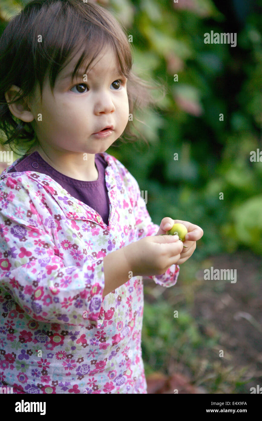 Kleines Kind im Garten erkunden Stockfoto