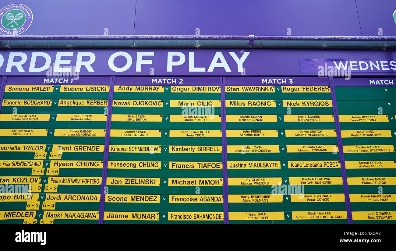 Wimbledon Tennis WM 2014 Spielplan Stockfoto