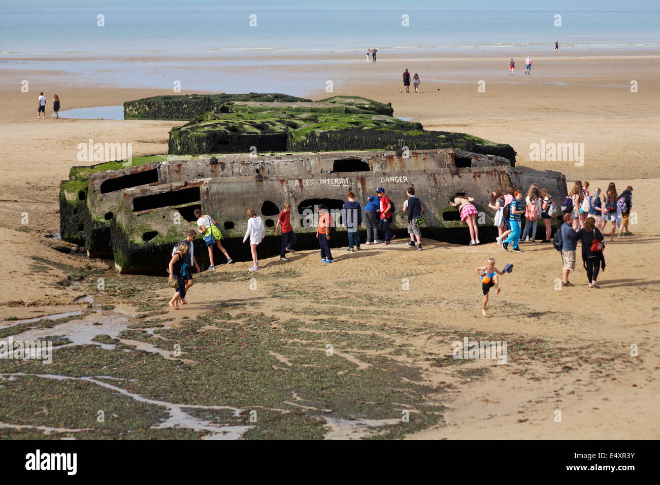 Besucher erkunden die Reste der Mulberry Hafen am Strand von Arromanches Normandie Frankreich im Juli Stockfoto