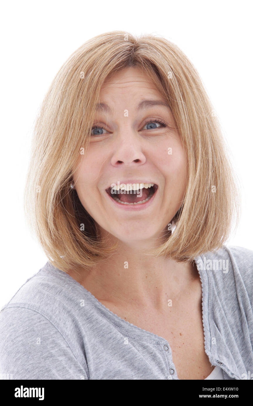 Lachende Frau mit einem überrascht Ausdruck Stockfoto