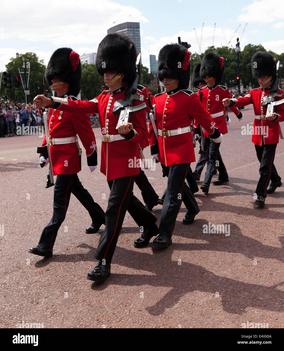 Gemischte Truppe von Welsh Guards und Coldstream Guards marschieren vom Buckingham Palace über die Mall. Stockfoto
