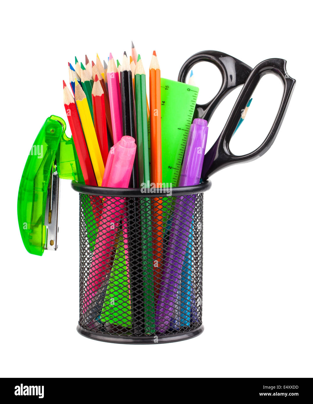 Büro-Cup mit Schere, Bleistifte und Kugelschreiber Stockfoto