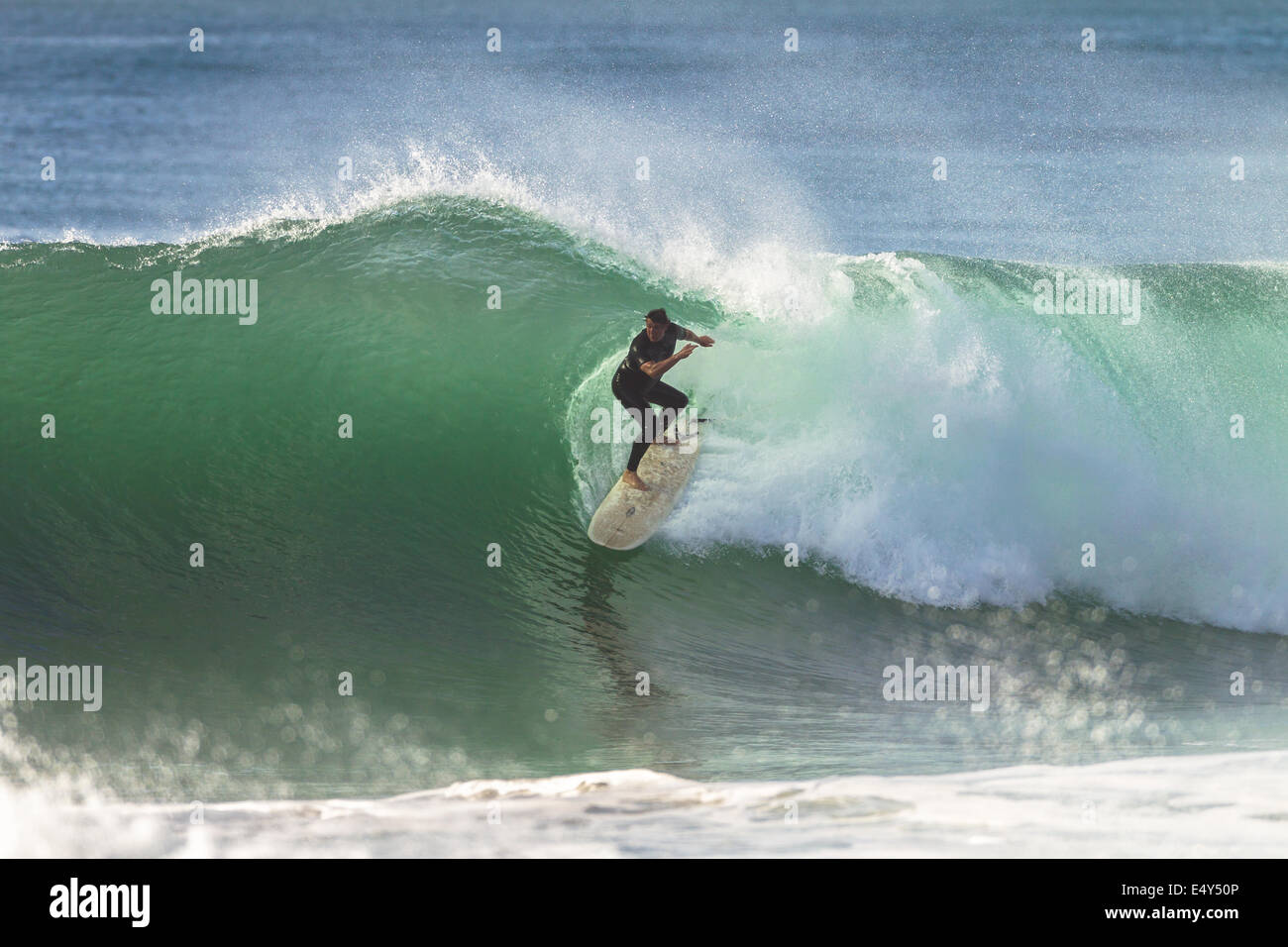 Surfer Surfen reitet Rückseite zu Ocean wave Stockfoto