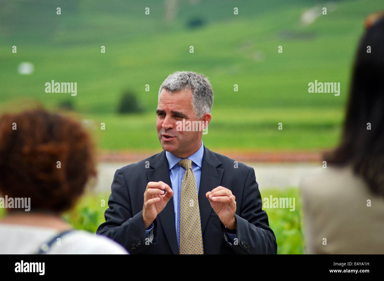 Olivier Krug spricht vor Journalisten in Krugs Clos d'Ambonnay Weinberg, Champagne, Frankreich Stockfoto