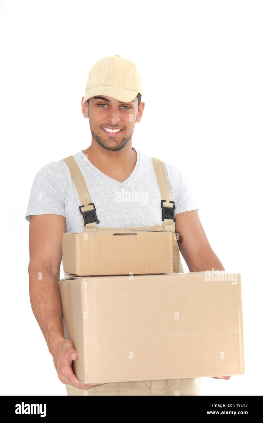Gut aussehender Mann liefern Pakete Stockfoto