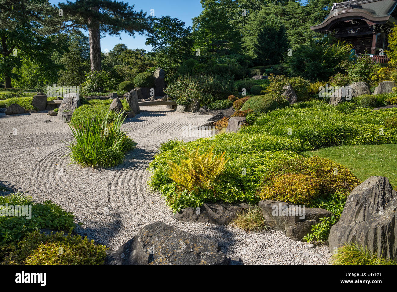 Japanischer Garten mit geharkt Kies, Kew Royal Botanic Gardens, London, UK Stockfoto