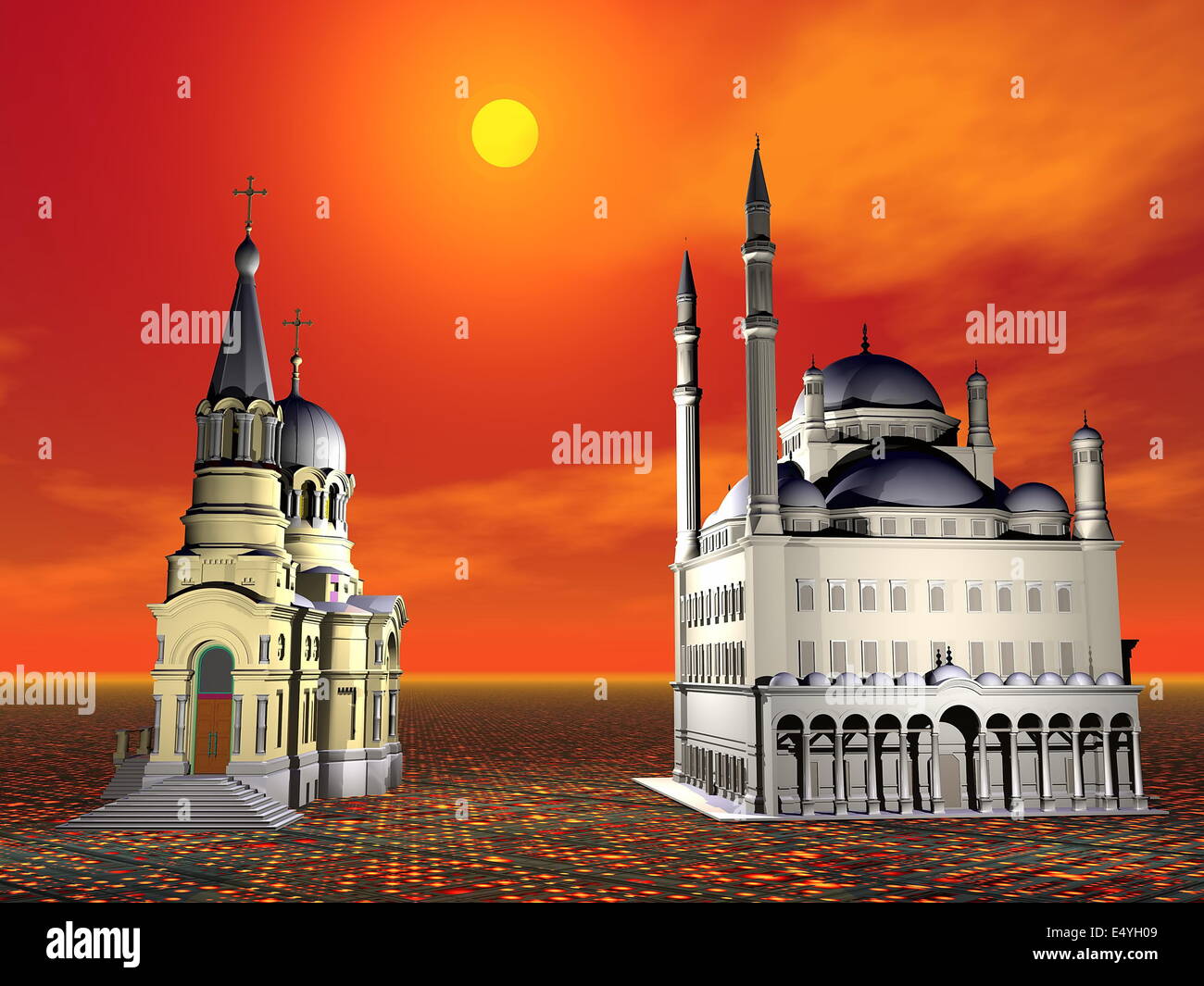 Kirche und Moschee Respekt - 3D render Stockfoto
