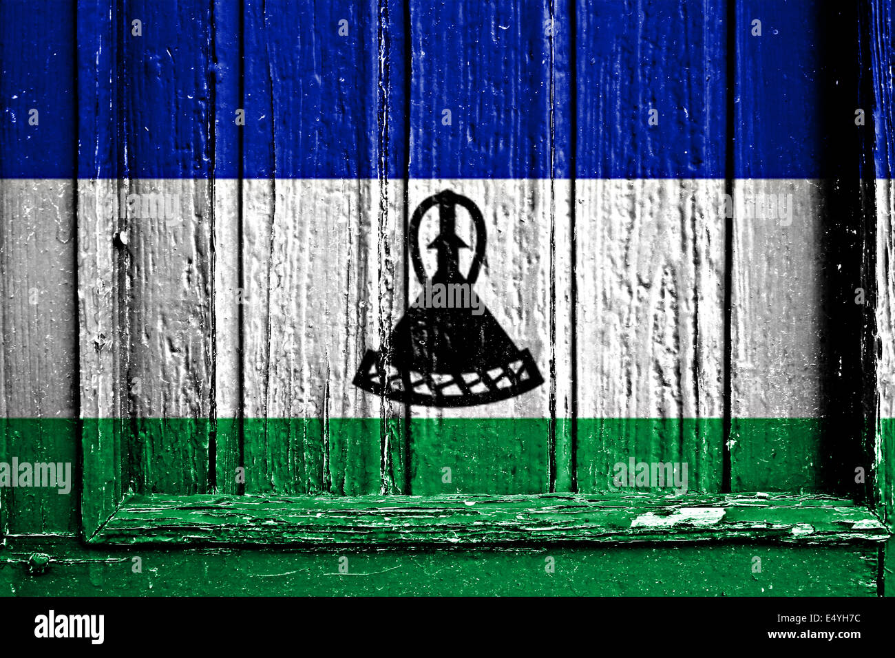 Flagge Lesothos auf Holzrahmen bemalt Stockfoto