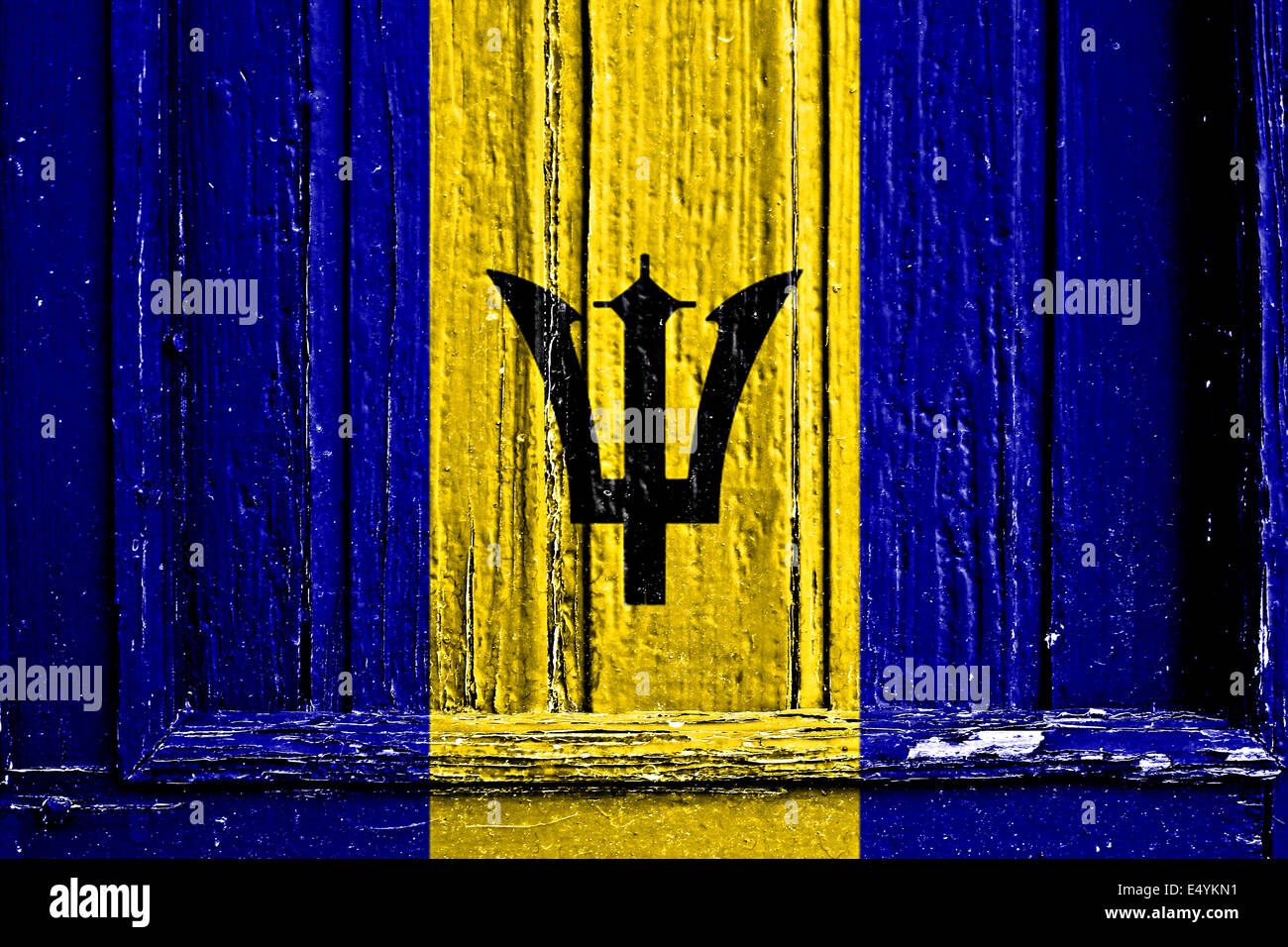 Flagge von Barbados bemalt auf Holzrahmen Stockfoto