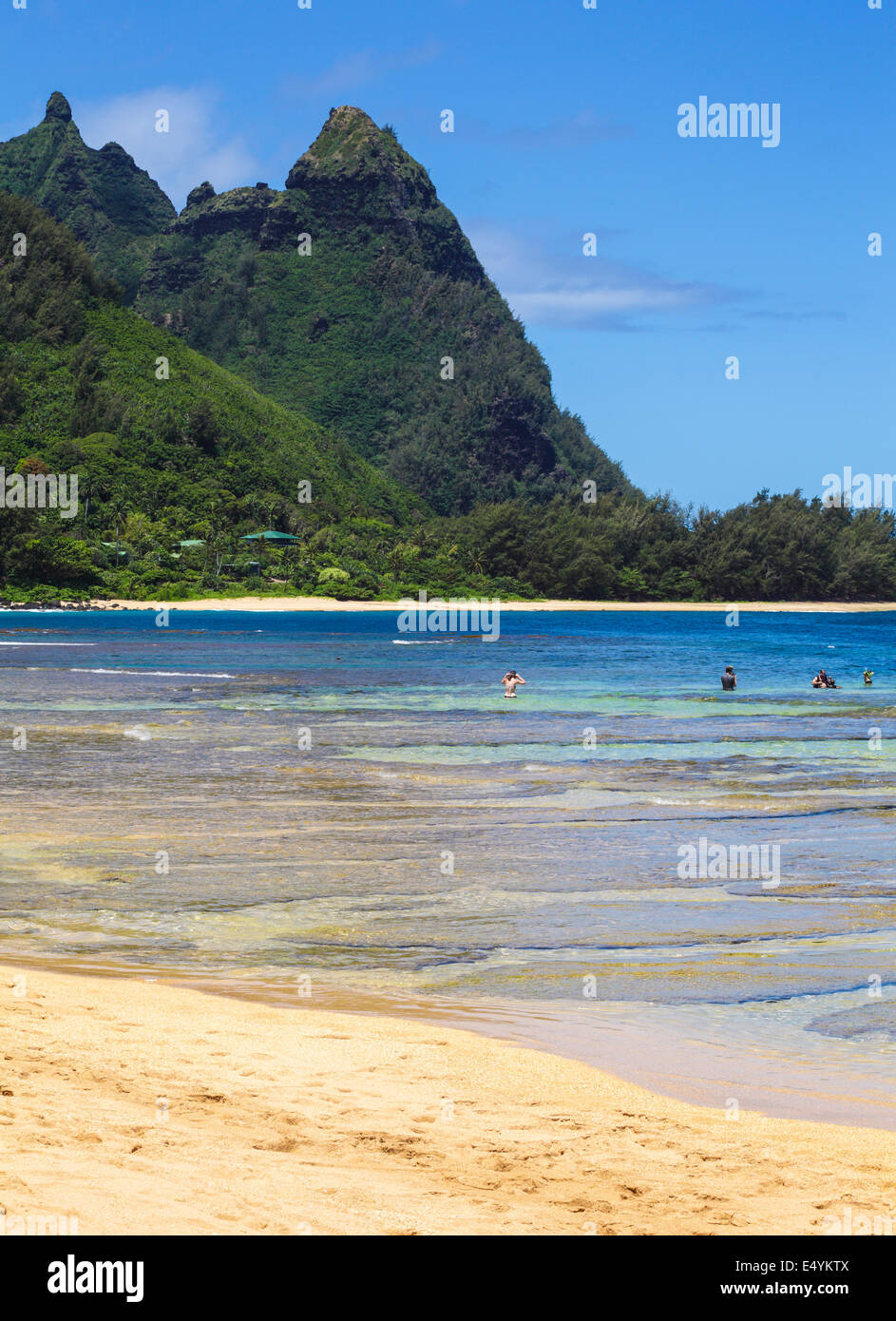 Schnorchler am Tunnel Beach auf Kauai Stockfoto