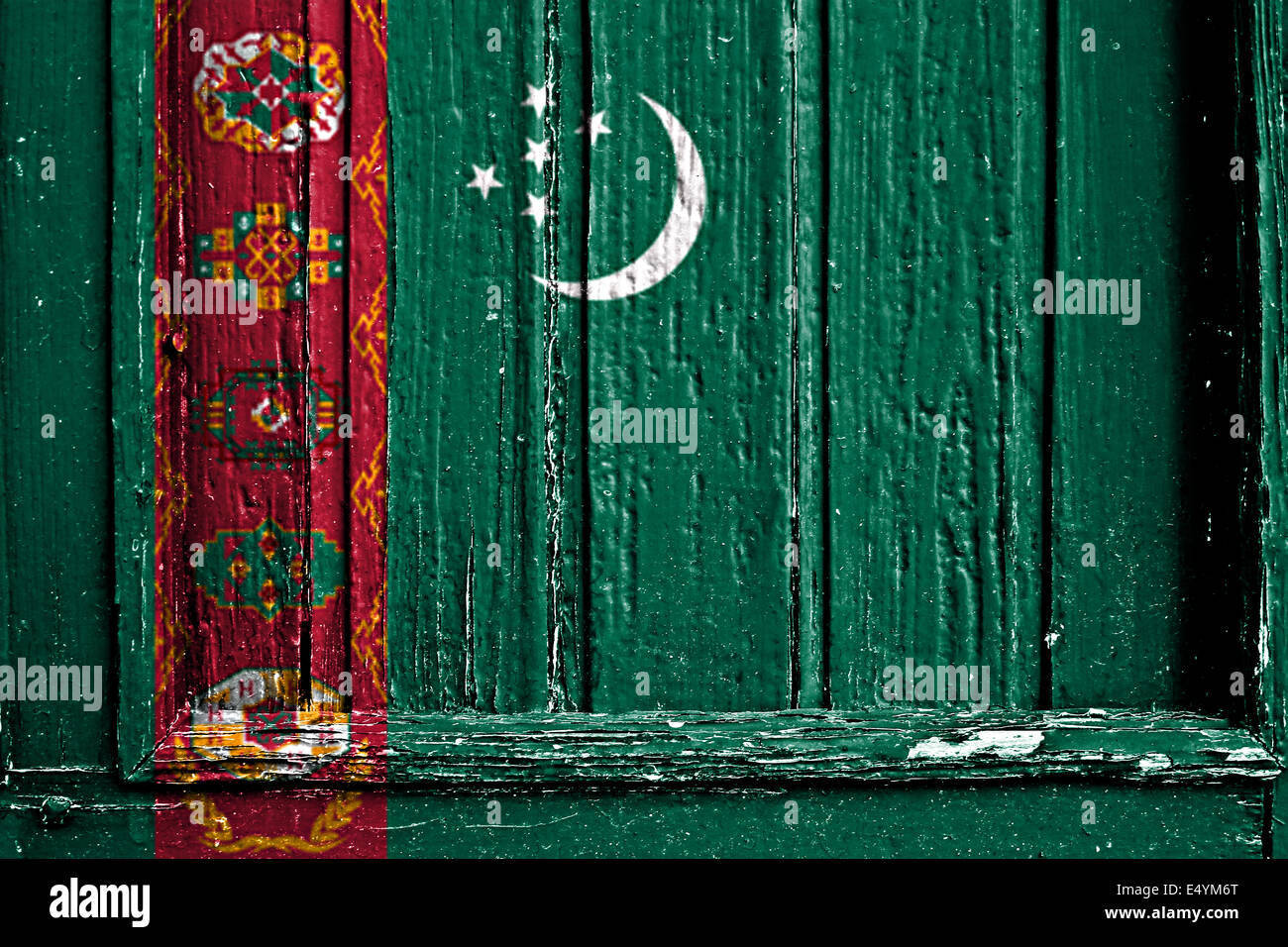 Flagge Turkmenistans bemalt auf Holzrahmen Stockfoto