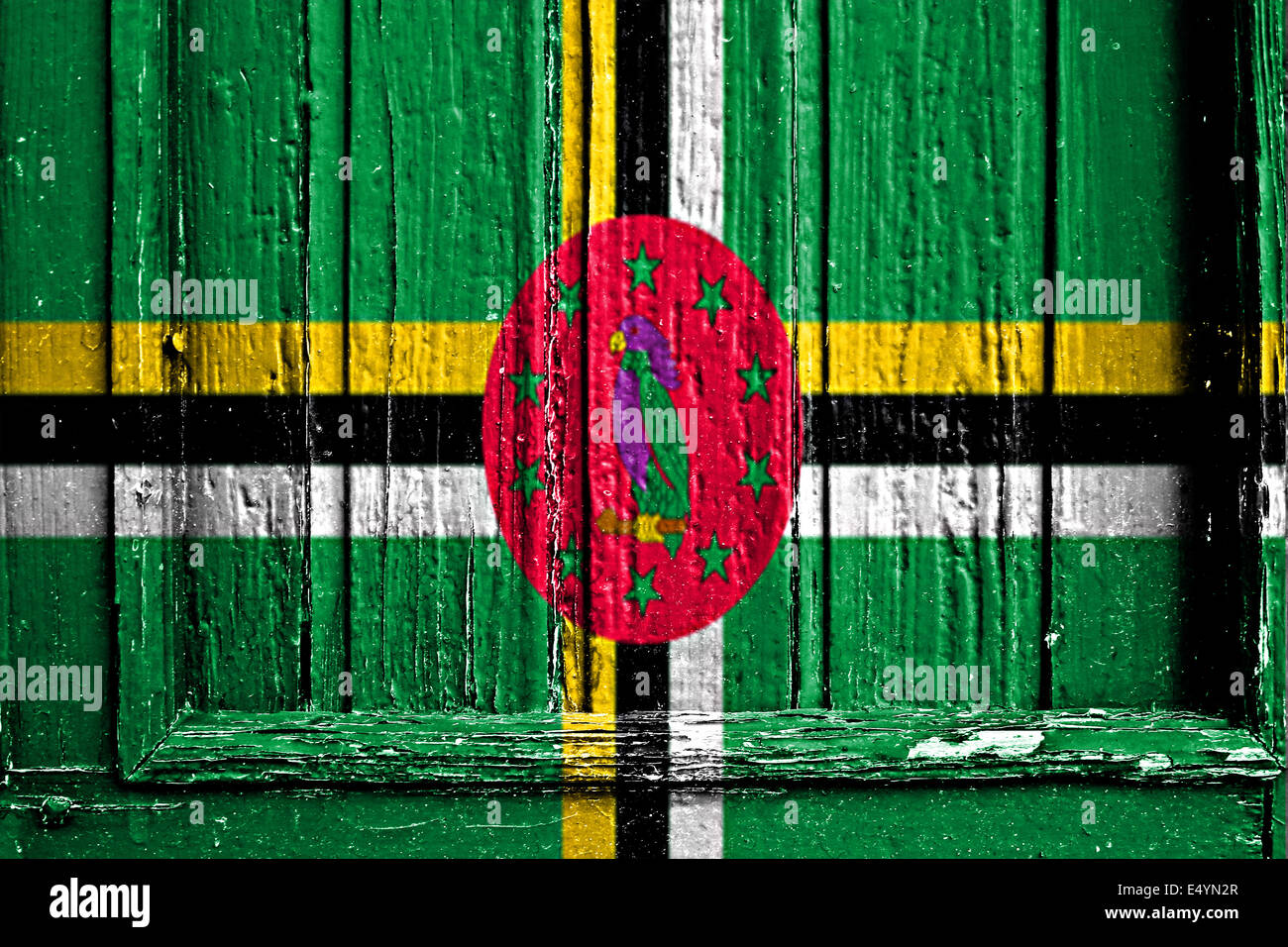 Flagge von Dominica bemalt auf Holzrahmen Stockfoto