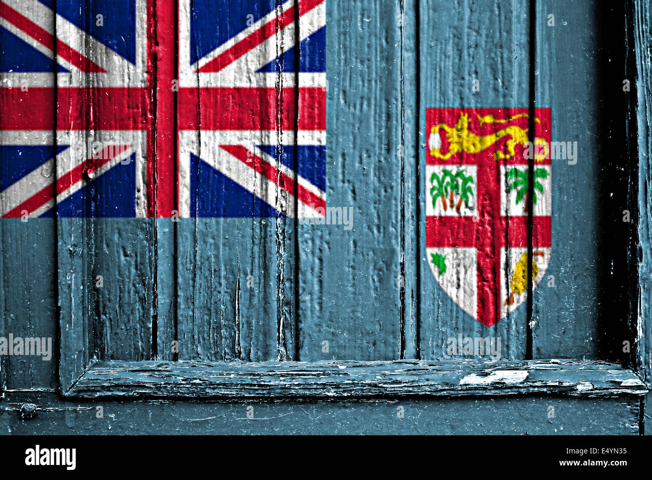 Flagge Fidschis bemalt auf Holzrahmen Stockfoto