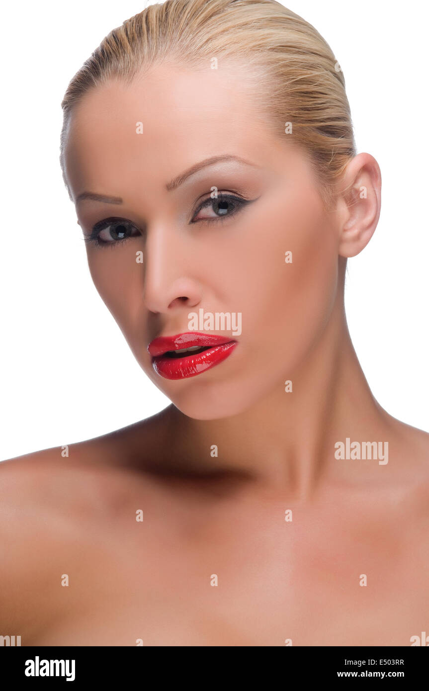 schöne Frau mit knallroten Lippen Stockfoto