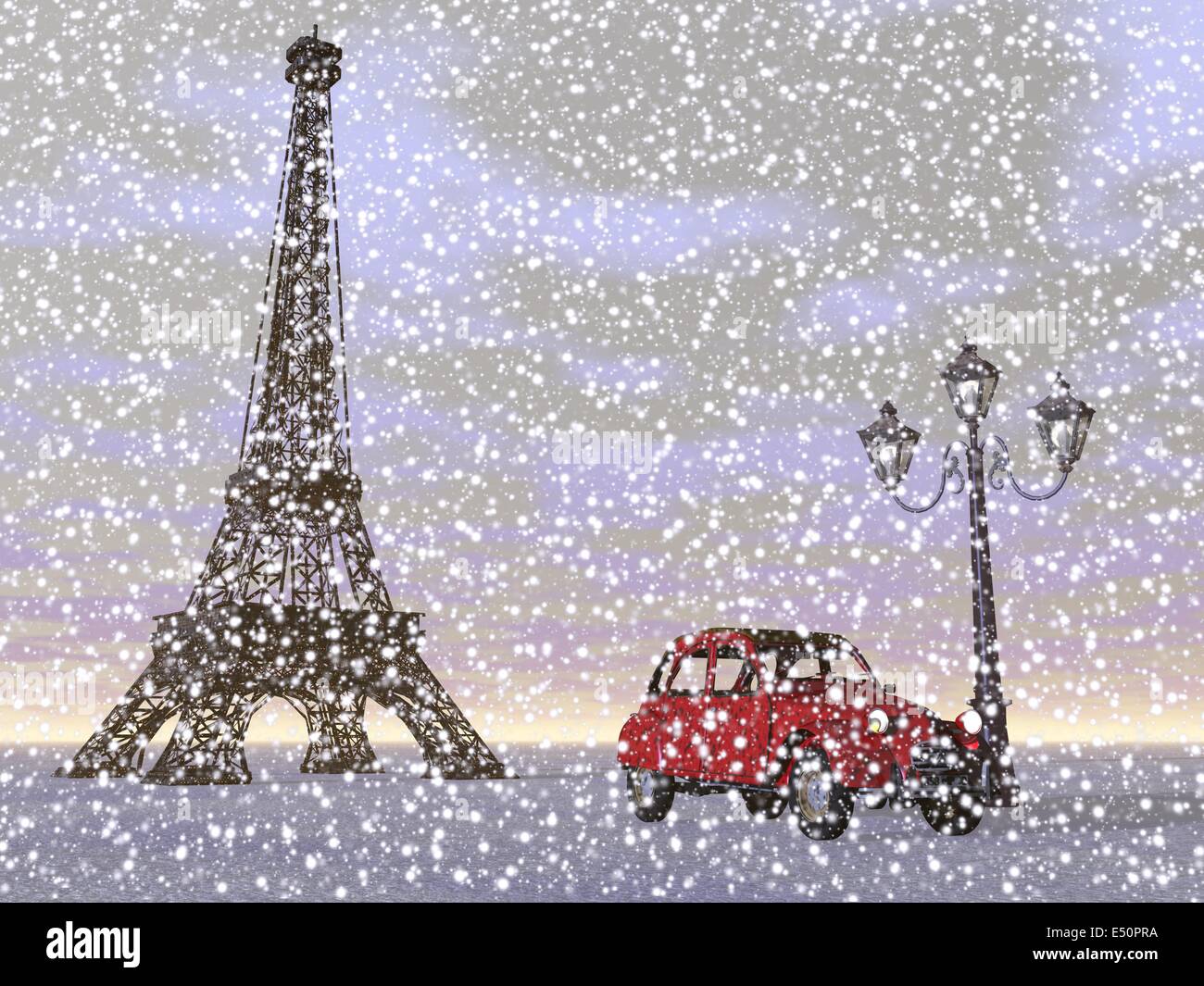 Paris im Winter, Frankreich - 3D render Stockfoto