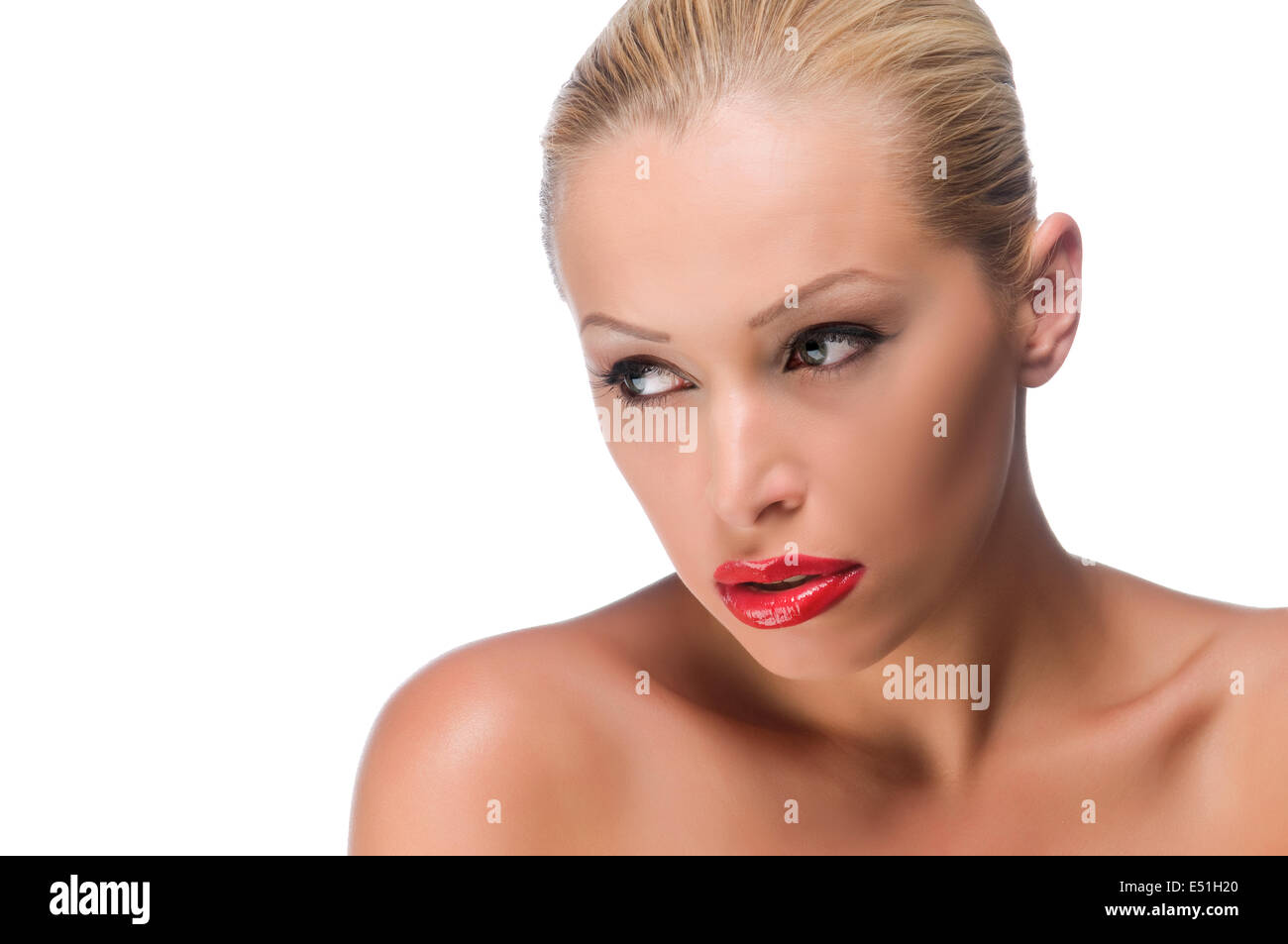 Frau mit knallroten Lippen Stockfoto