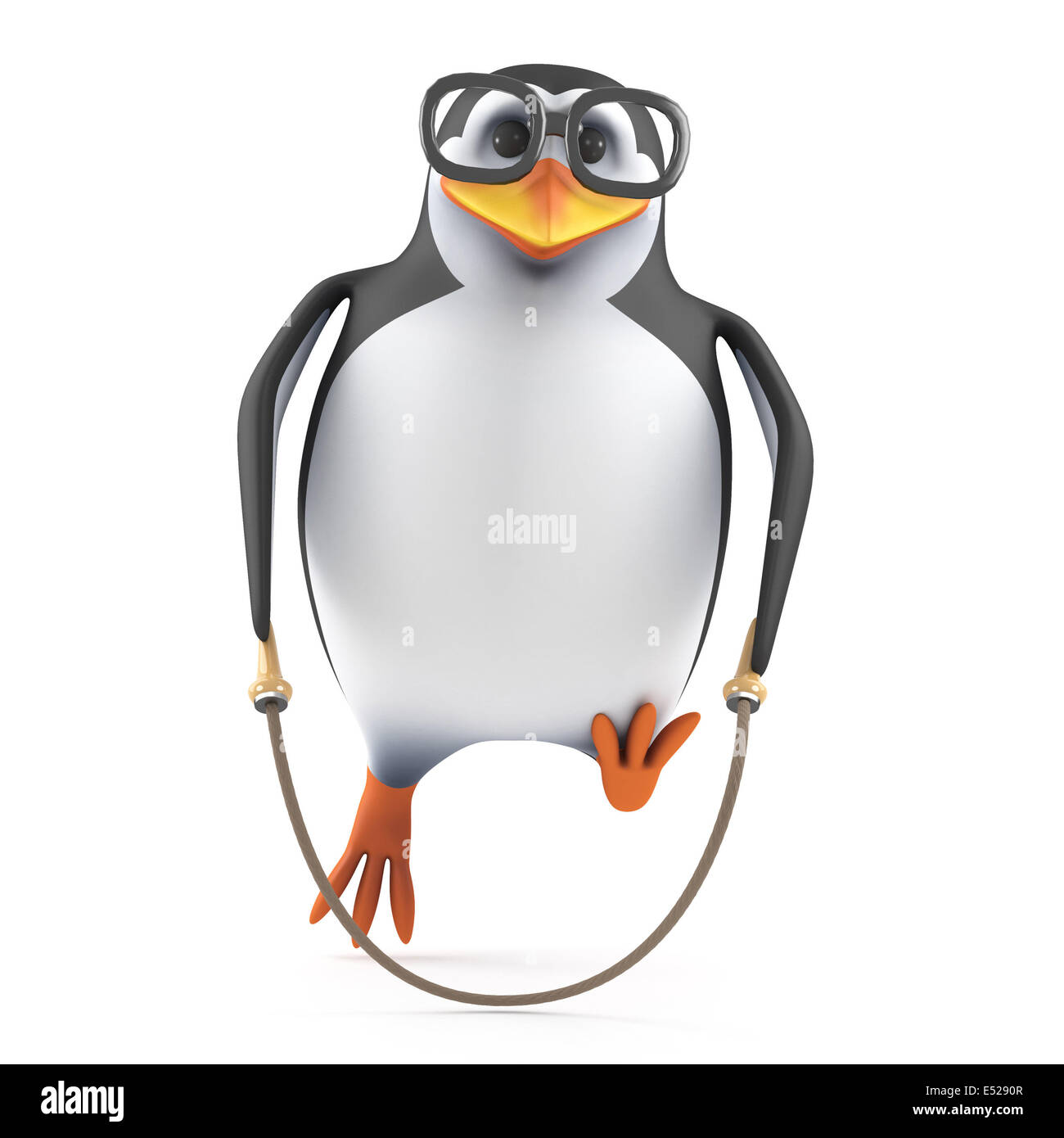 3D Rendering eines Pinguins mit einem Springseil um Fit zu bleiben Stockfoto