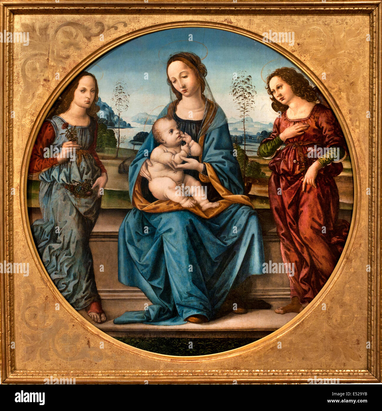 Madonna mit Kind zwischen zwei Engeln 15. Jahrhundert Maître - Meister der Unterhaltung Sant Spirito Florenz Italien Italienisch Stockfoto