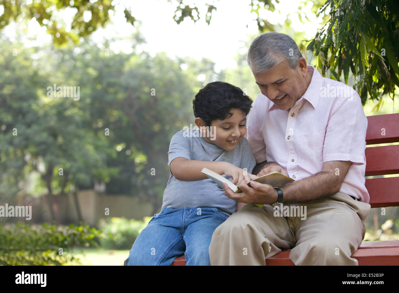 Großvater und Enkel, die ein Buch in einem park Stockfoto