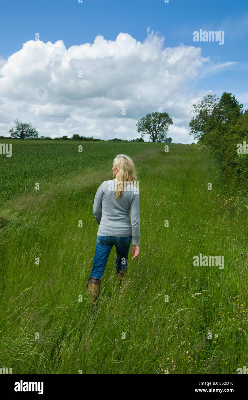 Eine Frau zu Fuß langen Gras auf einer Wiese. Stockfoto