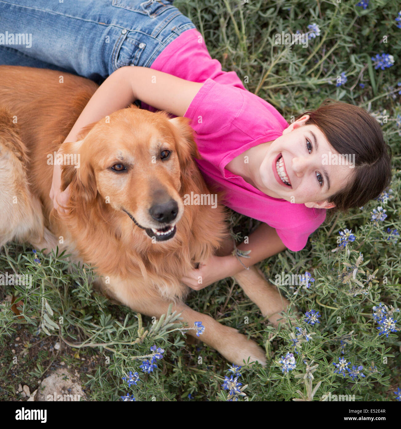 Ein junges Mädchen umarmt ein golden Retriever-Haustier. Stockfoto
