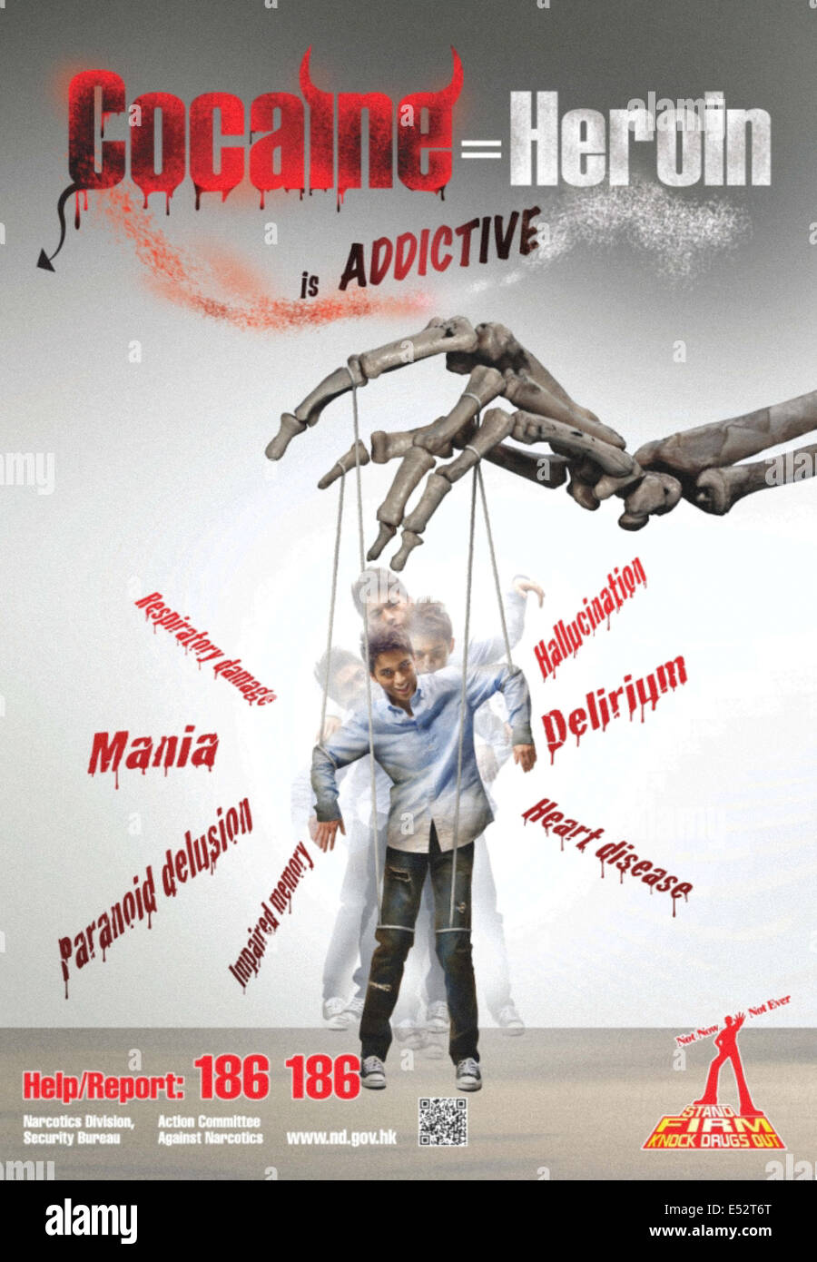 "Kokain ist süchtig" Plakat, in Hong Kong 2012 veröffentlicht. Siehe Beschreibung für weitere Informationen. Stockfoto