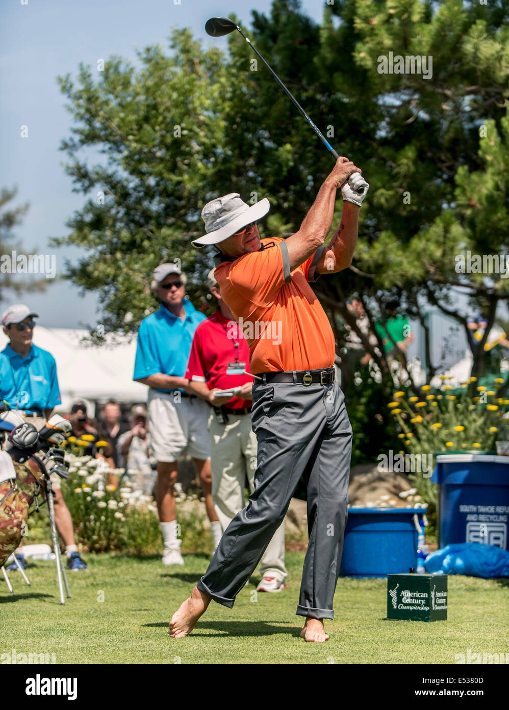 Stateline, Nevada, USA. 18. Juli 2014. Ehemaliger NFL All-Pro Quarterback JIM MCMAHON spielt in Edgewood Tahoe am ersten Tag des Wettbewerbs auf der 25. jährlichen amerikanischen Jahrhundert Championship. Bildnachweis: Brian Cahn/ZUMA Draht/Alamy Live-Nachrichten Stockfoto