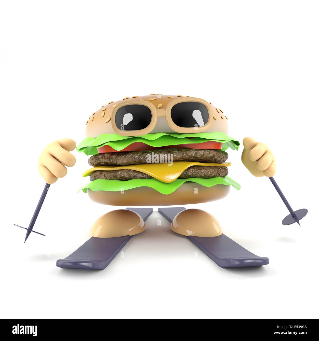 3D Render von einem Beefburger auf Skiern Stockfoto