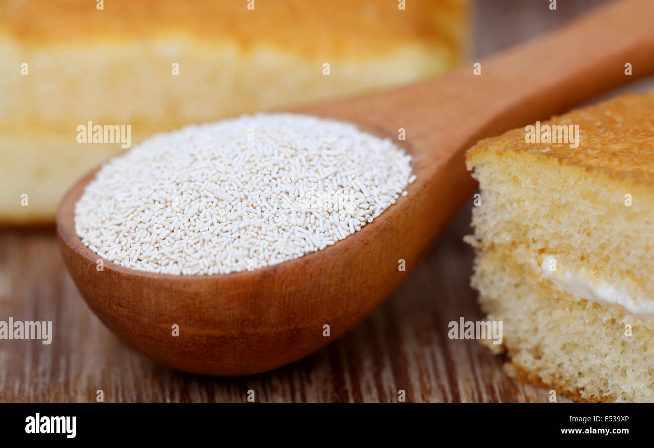 Hefe mit Brot auf Holzuntergrund Stockfoto