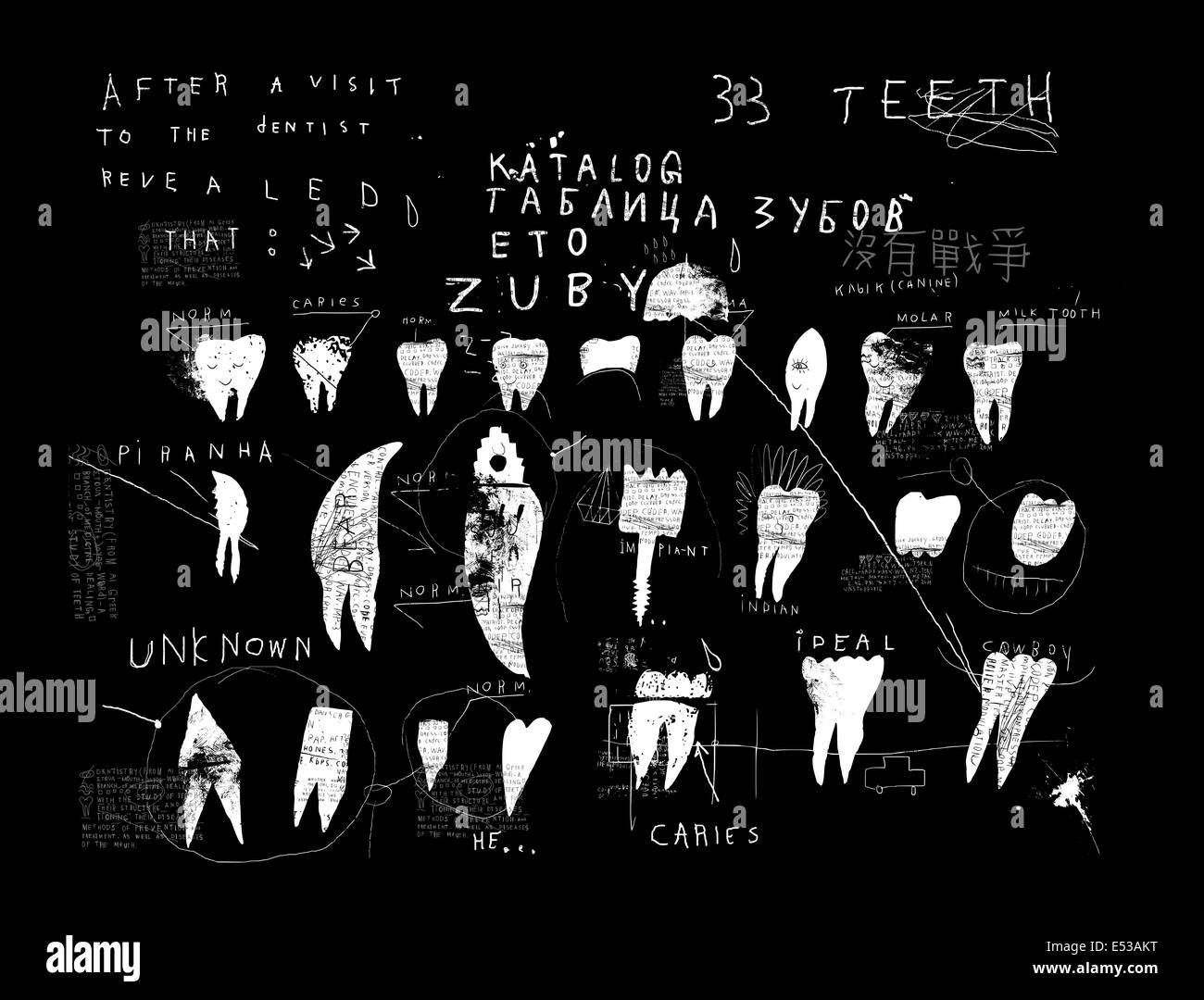 Symbolisches Bild der Zähne auf schwarzem Hintergrund Stockfoto