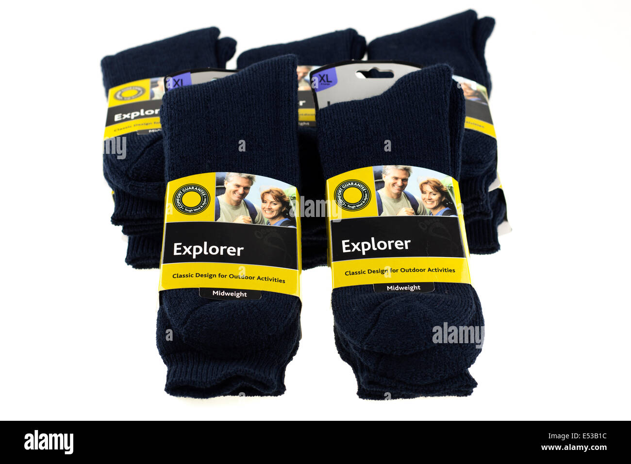 Haufen von blauen großen Mens Bridgedale Explorer Paar Socken Wolle und nylon Stockfoto