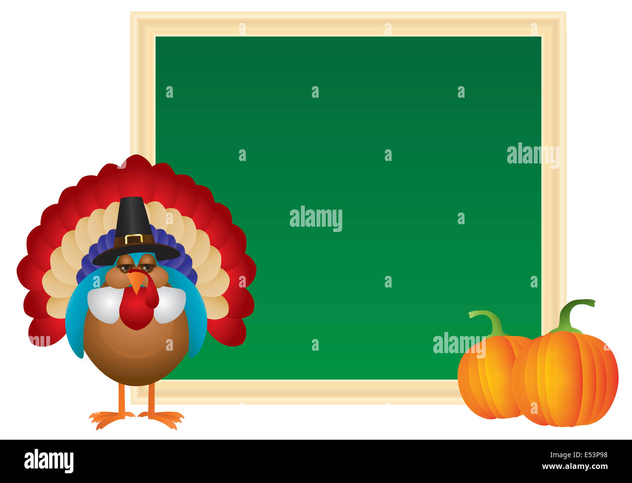 Thanksgiving Day Pilger Türkei mit Kürbissen und Tafel Zeichen Abbildung Stockfoto