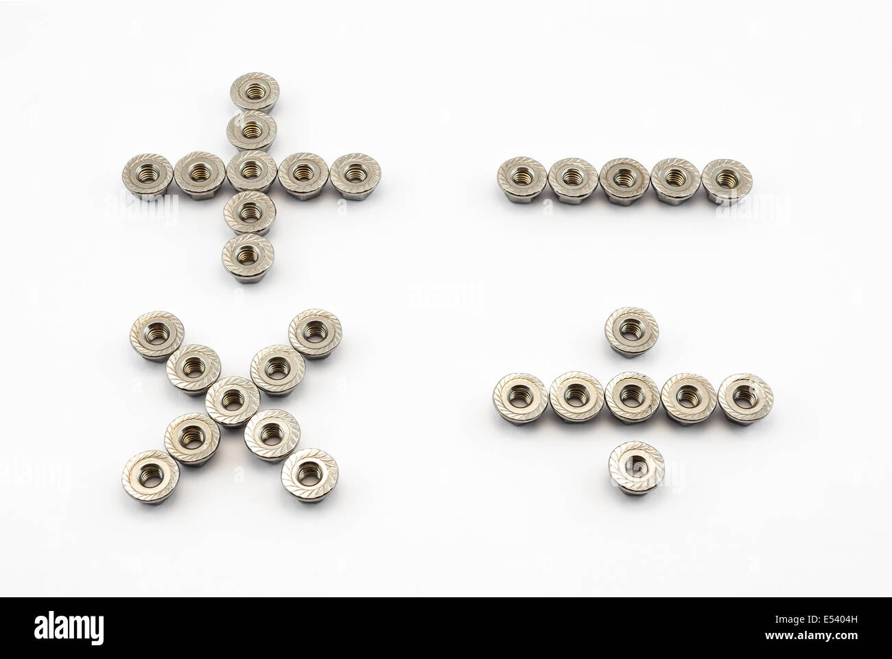 Mathematische Symbole, erstellt von Hex Flansch-Muttern aus rostfreiem Stahl. Stockfoto