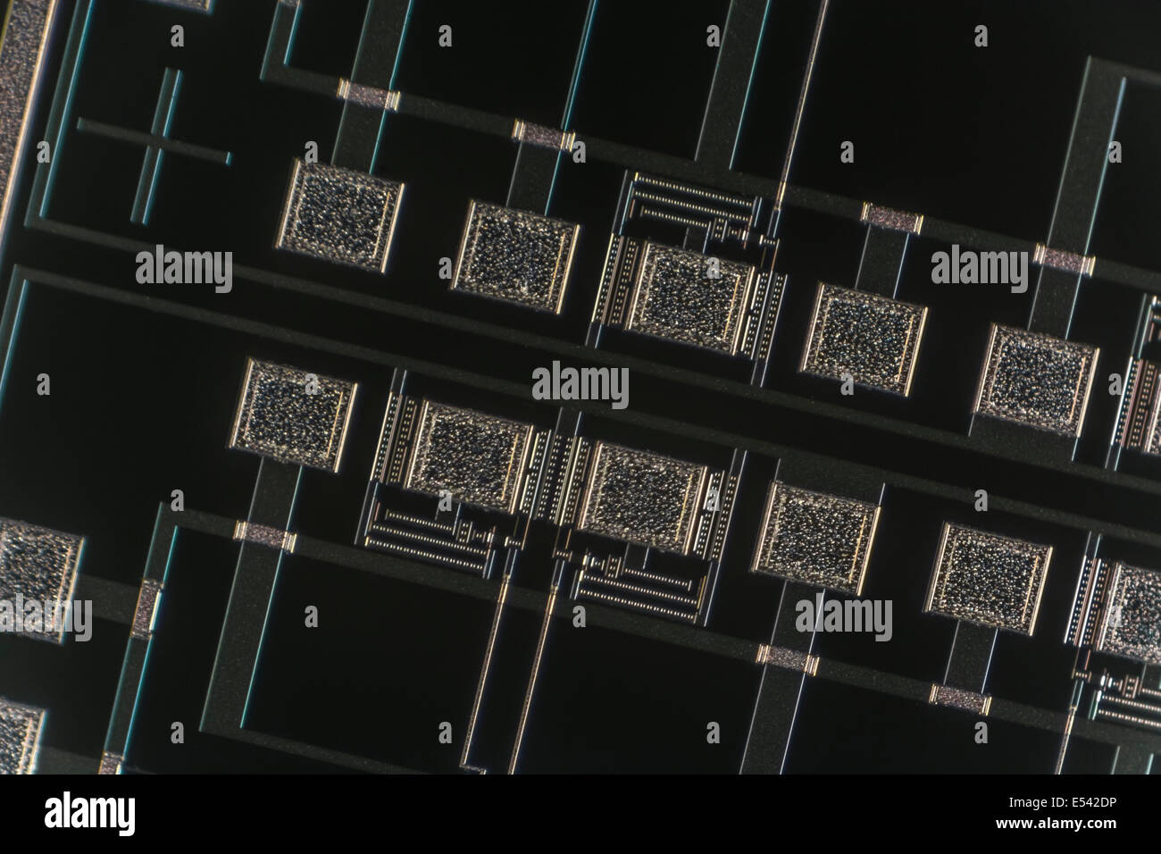 Micro-Foto von winzigen Abschnitt des Micro-Schaltungen eines einzigen Chip sterben auf einem Siliziumwafer. Die digitale Technologie Konzept, Micro-Schaltungen, winzige Konzept. Stockfoto