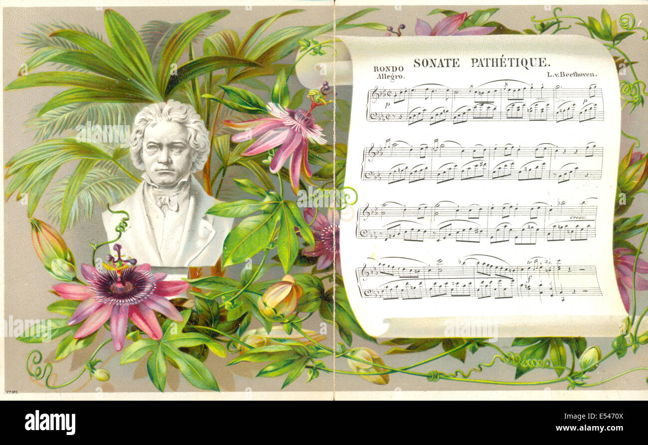 Viktorianische Grußkarten feiern Ludwig v. Beethoven (1770-1827) mit Musik seiner Sonate 16 K.128 Stockfoto