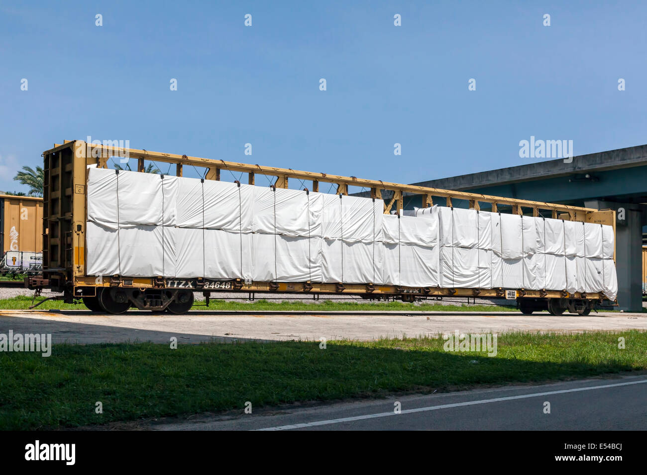 Eisenbahn-Güterwagen geladen, sitzt auf einem Abstellgleis in der Nähe von Fort Lauderdale, Florida, USA. Stockfoto